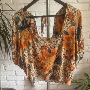 Farm Rio for Anthropologie Orange and Blue Floral Crop Blouse